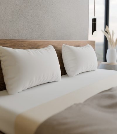 Oreiller polyester antiallergique – mise en scène chambre, hygiène optimale
